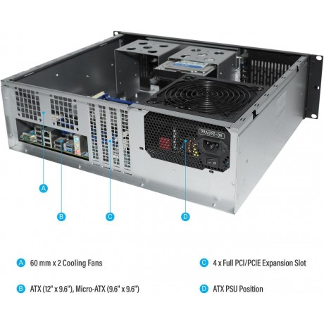 3U Server Chassis Rackmount Case, 6x 3.5" Bays, ATX Compatible, 2x 80mm Fans, 2x USB 3.0, Silver/Black