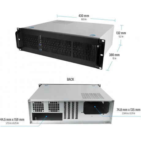 3U Server Chassis Rackmount Case, 6x 3.5" Bays, ATX Compatible, 2x 80mm Fans, 2x USB 3.0, Silver/Black