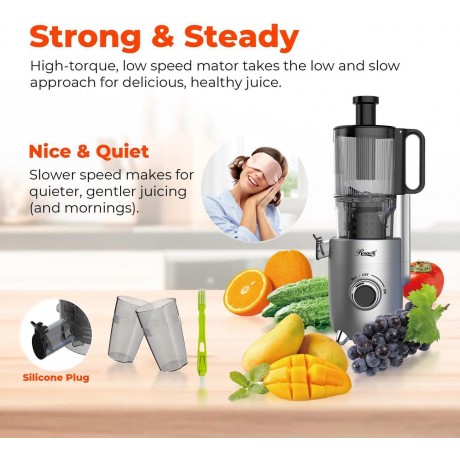 Rosewill Cold Press Juicer, 4.72" Wide Feed Chute Juice Extractor Machine, High Juice Yield, Slow Masticating Juicer for Whole Vegetables & Fruits