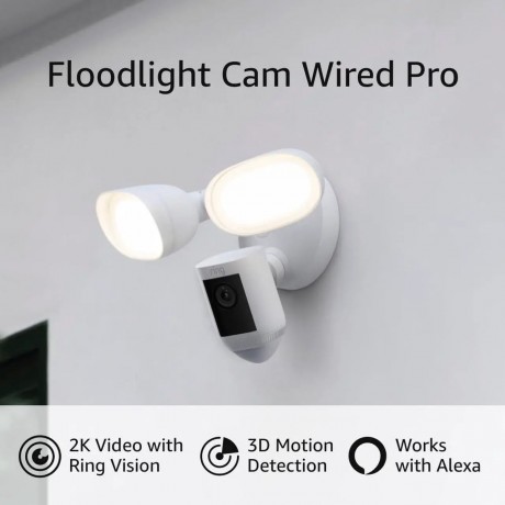 Ring Floodlight Cam Pro Wired, Outdoor Camera with Bird’s Eye View and 3D Motion Detection - White
