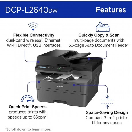 Brother DCP-L2640DW Wireless Compact Monochrome Multi-Function Laser Printer with Copy and Scan, Duplex, Mobile, Black & White