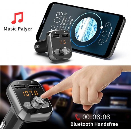 Bluetooth FM Transmitter, Bluetooth Car Adapter, Wireless in-car Bluetooth Receiver MP3 Player Stereo Radio Adapter car kit, Dual USB Interface and iPhone Speakerphone Samsung Smartphone