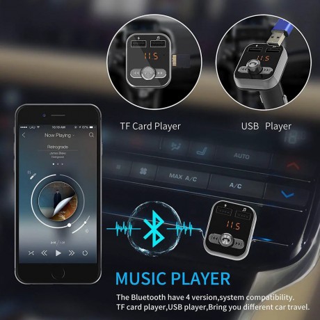 Bluetooth FM Transmitter, Bluetooth Car Adapter, Wireless in-car Bluetooth Receiver MP3 Player Stereo Radio Adapter car kit, Dual USB Interface and iPhone Speakerphone Samsung Smartphone