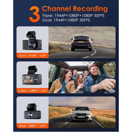 E3G 2.7K 3 Channel WiFi Dash Cam, 1944P+1080P+1080P Front and Rear Inside 3 Way Car Camera with GPS, Voice Control, IR Night Vision, Wireless Controller, 24 Hrs Parking Mode, Support 512GB Max