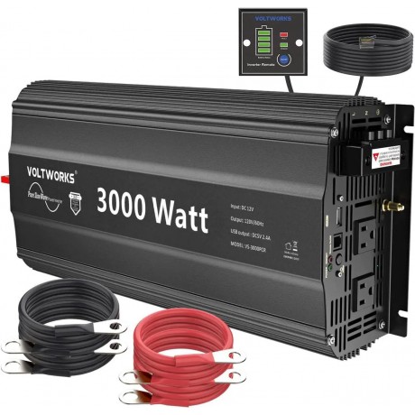 3000W Pure Sine Wave Inverter 12V DC to 120V AC Converter for Home RV Truck Off-Grid Solar Power Inverter 12V to 110V with 5V 2.4A USB Port