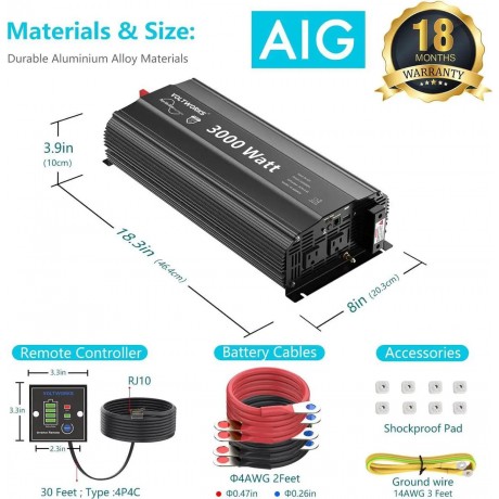 3000W Pure Sine Wave Inverter 12V DC to 120V AC Converter for Home RV Truck Off-Grid Solar Power Inverter 12V to 110V with 5V 2.4A USB Port
