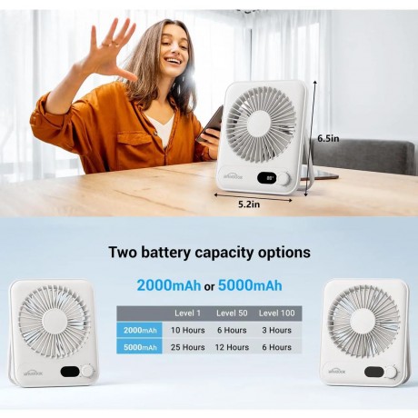 WHATOOK Small Desk Fan Personal Fans: 2000mah 10 Hours Battery Office Quiet Mini Desktop Fan Portable Rechargeable Travel Essentials