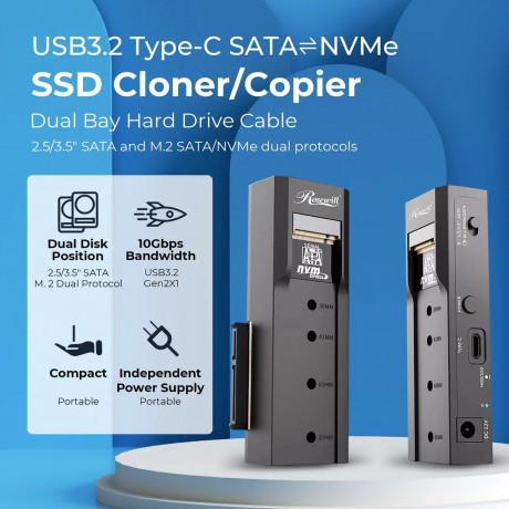 NVME to 2.5'' 3.5'' Offline Clone Enclosure,M.2 to SATA SSD HDD Cloner, USB-C Type-C Max 10Gbps Standalone Clone Duplicator