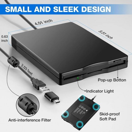 Floppy Disk Reader, 3.5 inch External USB Type C Floppy Disk Drive for PC, Laptop and Desktop Compatible with Windows 11/10/8/7/2000/XP, Black, Frosted Texture